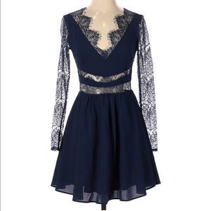 KEEPSAKE The Label Navy Blue Lace A-Line Plunge Mini Dress